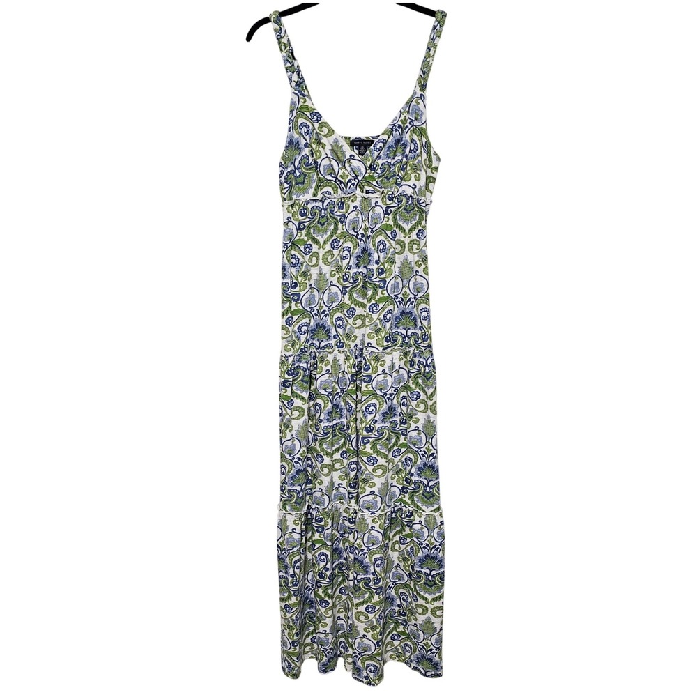 Tommy Hilfiger Knit Maxi Dress L Green Blue Paisley Tiered Cotton Boho Summer